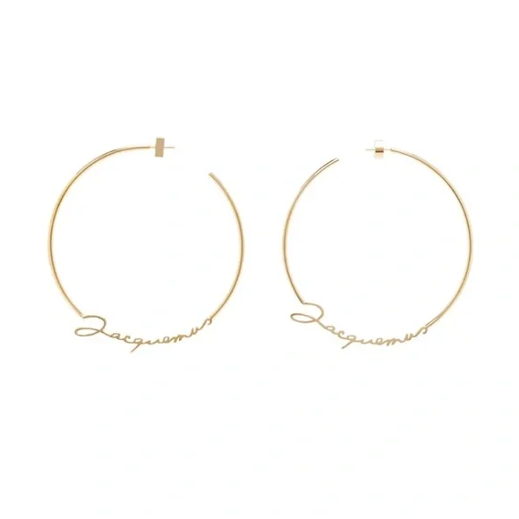 NEW Jacquemus Gold Cursive Script Logo Open Large Hoop Earrings $350 MSRP - Picture 5 of 12